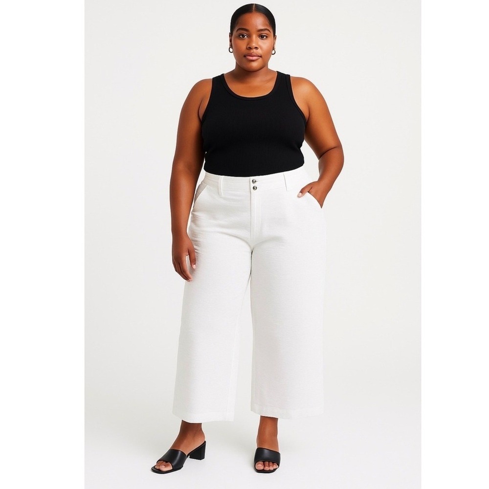 DKNY Pants Women's Size 14 White Textured‎ Cropped Wide Leg Office Professional